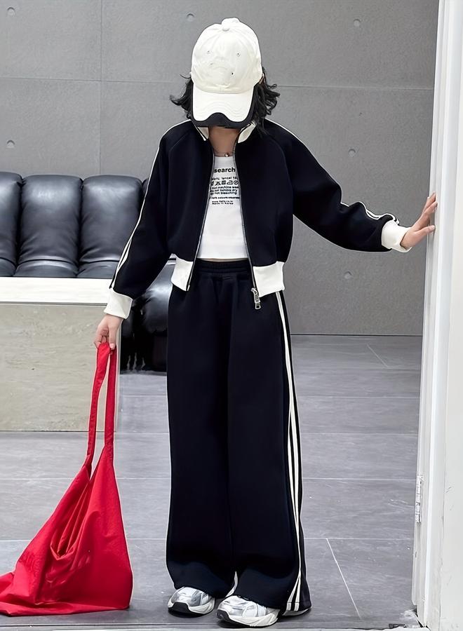 Take Two Girls Striped Zip Up Jacket And Wide Leg Pants Set - Image 1